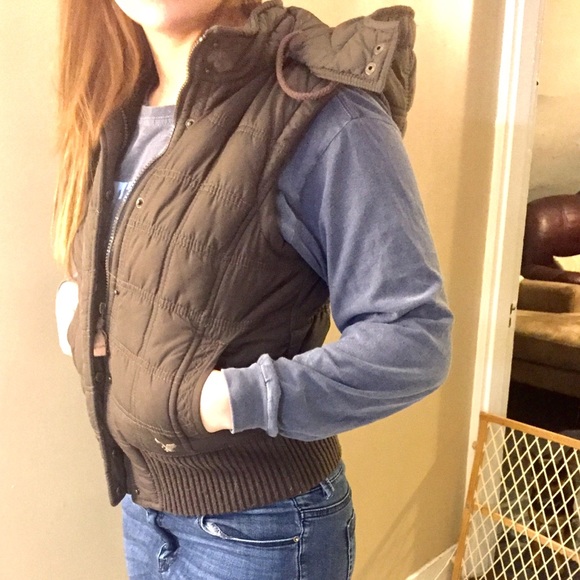 Olive Green/Brown Hooded Puffer Vest - Picture 2 of 8